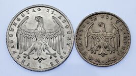 1922-1935 Germany 1 &amp; 3 Marks Coin lot of 2 (Unc-BU) KM # 29, 78 - $79.50