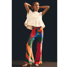 New Anthropologie Farm Rio Colorful Leaves Flared Pants $175 LARGE Red M... - £77.67 GBP