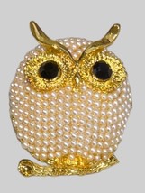 Pearl Owl Pin Brooch with Black Enamel Eyes and Polished Gold Finish - £10.04 GBP