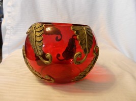 Round Red Crystal Bowl With Gold Leaves from Fifth Avenue Crystal 4.5&quot; Tall - £80.12 GBP