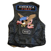 Leather Biker Vest Eagle Patch America First Flag Side Lacde Skin-Tan Si... - $49.49