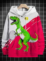 Men&#39;s Dinosaur Playing Tennis Color Block Art Print Hooded Sweatshirt - $30.00