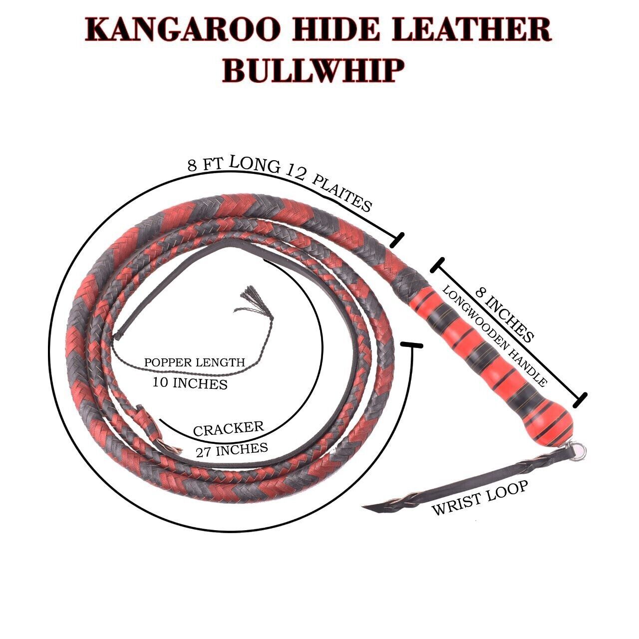 Kangaroo Hide Leather Bullwhip 08 Feet Long 16 Plait Indiana Jones Whip ... - $79.46