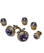 Amethyst Faceted Stone Center Crystal Boarder Cufflinks and Studs Gold Trim - $123.75