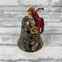 Cloisonné Enameled Bell Christmas Ornament Holly Leaves Ornaments Gold Trim 4&quot; - £11.87 GBP