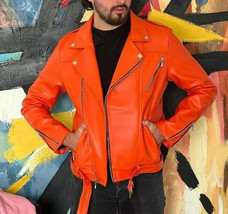 Men&#39;s Leather Jacket Orange Genuine Lambskin Leather Jacket Motorcycle - $105.99+