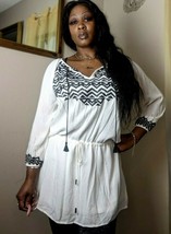 Long Sleeve Womens Tunic Shirt Peasant White And Black Embroidered Blouse Dress - $13.99