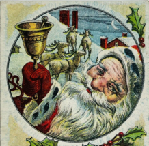 RARE Santa Claus Black Dots White Fur Trim Reindeer Antique Christmas Po... - £19.73 GBP