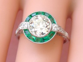 Estate Art Deco 1.39ct Brilliant Diamond Emerald Halo Cocktail Engagement Ring - £8,229.37 GBP