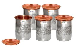 Set of 5 - Prisha India Craft ® Copper Tumbler with Lid Volume: 250 ML / 8.4535  - £52.35 GBP