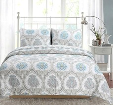 Cozy Line Phacelia Queen 3 Piece Bedding Quilt Set Light Sky Blue &amp; Gray... - $62.00