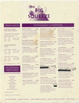 The Big Squeeze Menu Garnet Ave Pacific Beach California Outrageous Smoothies  - £11.10 GBP