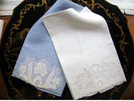 2 Vintage Madeira Blue &amp; White Linen Tea Towels Hand Embroidered Organdy... - $35.00