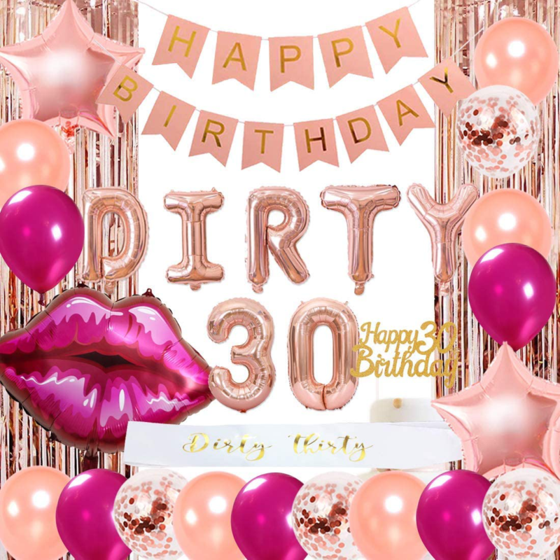 Primary image for 30th Birthday Decorations For Women Rose Gold 30 Balloons Sash Cake Topper NEW