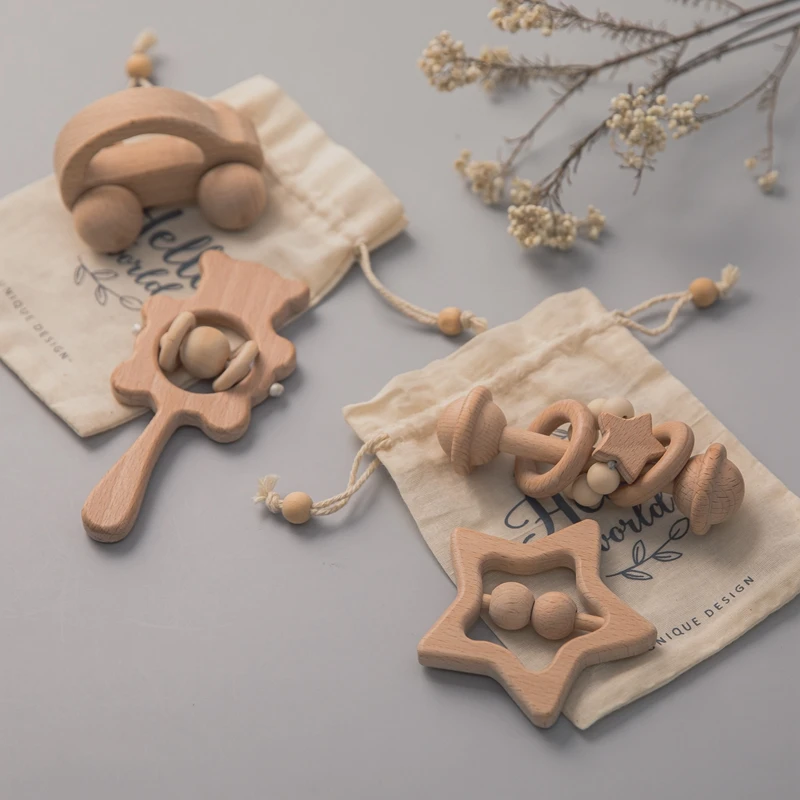 Baby Toys Wooden Rattles Sets Beech Hand Teething Cartoon Animal Bear Baby - £6.45 GBP+