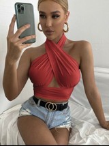 Red Solid Cross Top Halter Top XS size 2 - $89.09