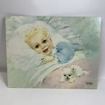 Vtg Florence Kroger Textured Litho Winde Print WAKE UP TIME Baby Cat Kitten - £14.24 GBP