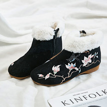 Embroidered women canvas flat ankle boots woman comfortable winter black boots with fur thumb200