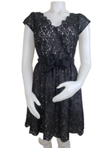 Elle Lace Overlay Party Dress Sz 4 Black Shimmer Belted Above Knee New Y... - $23.50