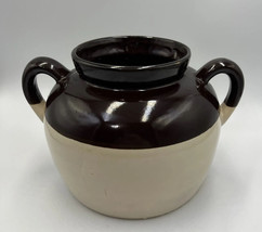 Vintage Bean Pot Ceramic Stoneware Crock Brown Cream Double Loop Handle USA - £17.57 GBP