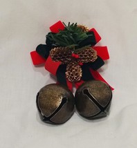 Jingle Bells Ribbon Pinecones Ornament   4 1/2&quot; Red Green Gold Tone Metal - £13.47 GBP