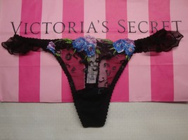 New Victoria&#39;s Secret Animal Embroidered Ruffle Lace Thong Panty Black Floral L - £12.44 GBP