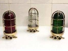 ANTICA PARATIA OTTONE MONTAGGIO NAUTICO VETRO ROSSO/VERDE/BIANCO SET DI 3 - $351.59