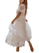 Womens V Neck Button Down Floral Lace Maxi Dress Casual Short - £45.61 GBP