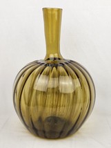 Vintage Ribbed Amber Optic Glass Large Round Floor Vase 16.5&quot; MCM Gold Brown - £92.54 GBP