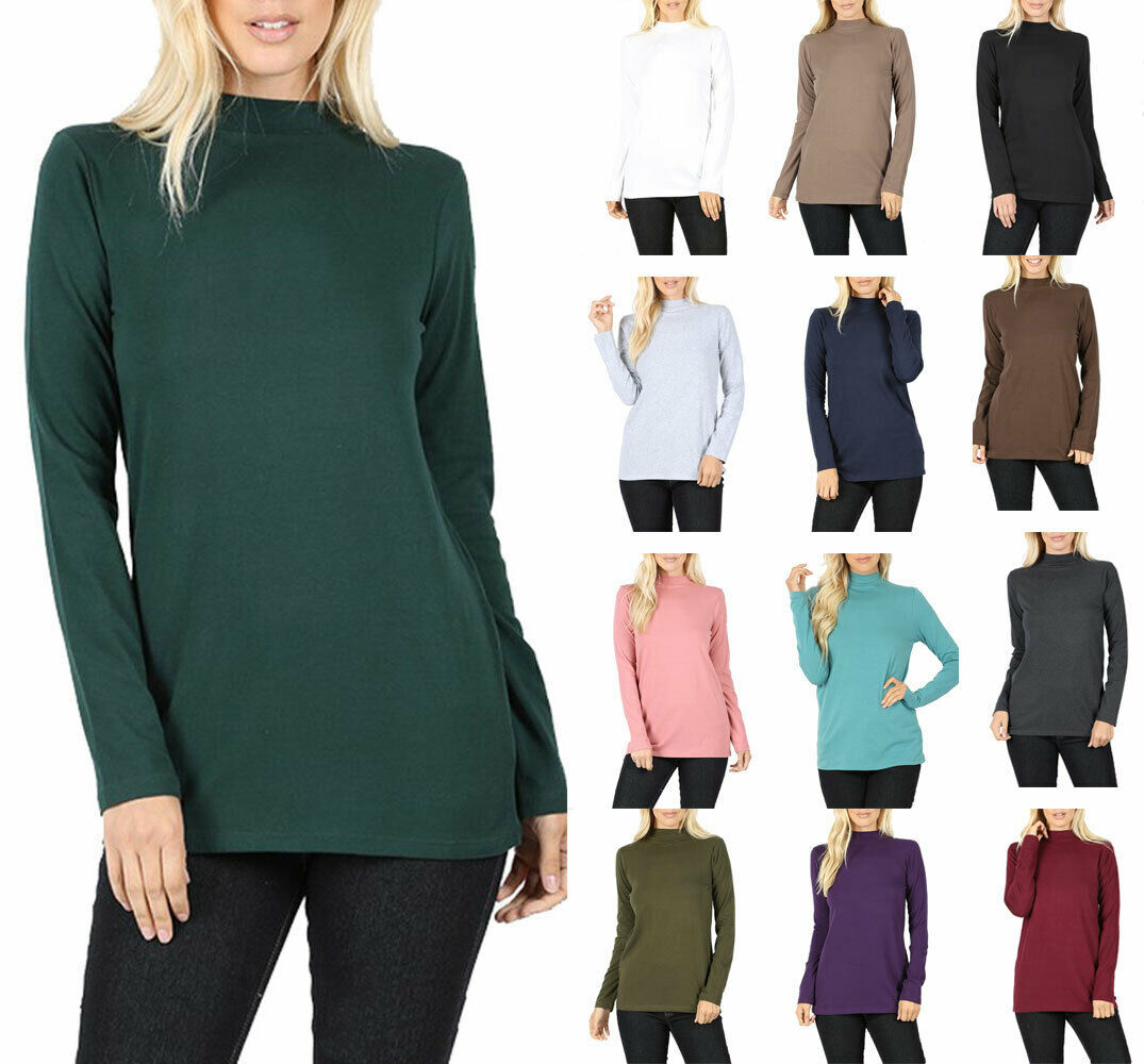 Womens Cotton Long Sleeve Mock Neck Turtleneck Top Shirt