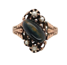 Victorian 10k Rose Gold Tiger&#39;s Eye Quartz and Pearl Ring Size 6.25 (#J7... - $400.95