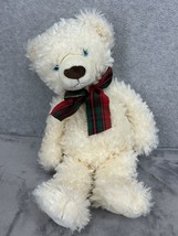 Pier One Imports Stuffed Plush White Teddy Polar Bear Plaid Ribbon Bow 2413720 - $11.98