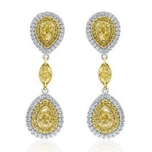 2.93 Ct Pear Oval Natural Fancy Yellow Diamond Dangle Earrings 18k White Gold - £4,385.38 GBP