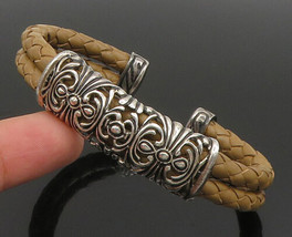 ESPO SIG 925 Silver - Vintage Brass Scroll Detail Leather Cuff Bracelet - BT9391 - £91.41 GBP