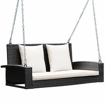 Costway 2-Person Patio Rattan Hanging Porch Swing Bench Chair Cushion Beige - £149.48 GBP