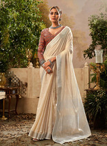Beautiful Ivory Handloom Khadi Saree With Digital Printed Blouse1001 - £37.11 GBP