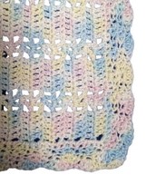 VTG Afghan Crochet Blanket Baby Throw Scalloped Edge Pink Blue Yellow 32x32 - £19.78 GBP