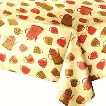 Coffeepot Coffee Mugs Tablecloth 52 x 90 Brown Red on Beige Vinyl PVC-Fr... - $283.97 MXN