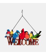 Birds Welcome Wall Sign 14&quot; Long Stained Glass Metal Chain Hanger Realistic - $53.77 CAD