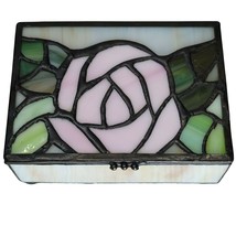 Slag Stained Glass Trinket Box Rose Flower Design Chained Lid Tiffany Style Vtg - £23.46 GBP