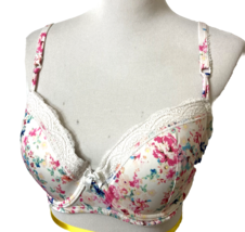 Marie Meili Bra Sz 36D Bra Ivory with Colorful Floral Print Lacey Bow Charm - £13.49 GBP