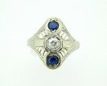 Art Deco 18k Gold Genuine Natural Diamond and Sapphire Filigree Ring (#J... - $430.65