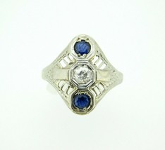 Art Deco 18k Gold Genuine Natural Diamond and Sapphire Filigree Ring (#J4449) - £344.24 GBP