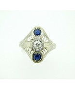 Art Deco 18k Gold Genuine Natural Diamond and Sapphire Filigree Ring (#J... - £338.31 GBP