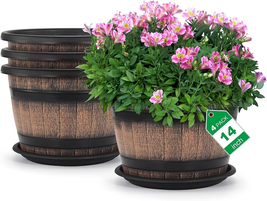 Large Plastic 4 Pack14 Inch Plant Pots,Whiskey Barrel Planters with Drainage Hol - £75.57 GBP