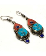 Turquoise Coral Lapis Lazuli Gemstone Drop/Dangle Earrings Nepali 2.50&quot; ... - £4.47 GBP