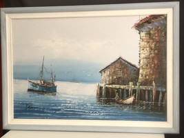 Vintage Large Oil Painting On Canvas By Artist Carol Burnett Seaside Dock Art - £812.16 GBP