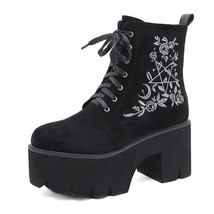 Gydh Fashion Flower Platform Boots Chunky Punk Suede Leather Womens Gothic Shoes - £53.21 GBP