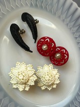 Vintage Lot of Red Plastic w Faux White Pearl Center Cream Lacey Flower &amp; Black - £13.33 GBP