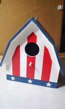 Patriotic Red White Blue Hanging Wood Bird House with Stars and Stripes - $9.65